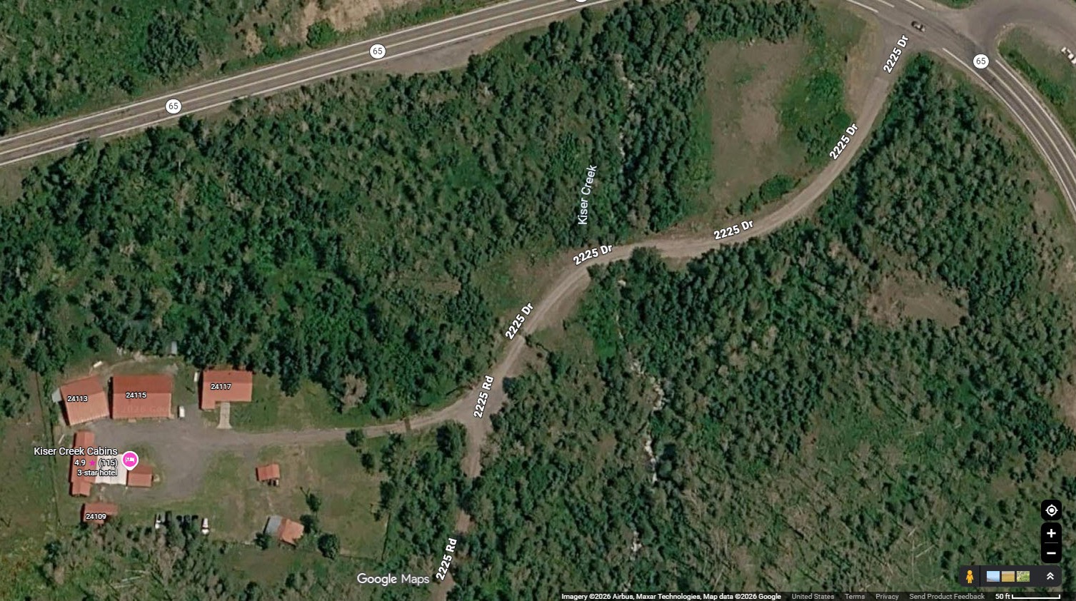 Aerial parking map of Kiser Creek Cabins