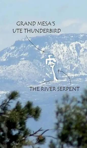 The Ute Thunderbird and River Serpent formation visible on the winter face of Grand Mesa